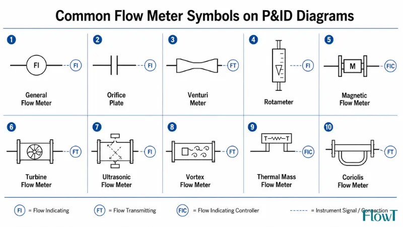 Quick reference chart of common flow meter symbols on P&ID diagrams