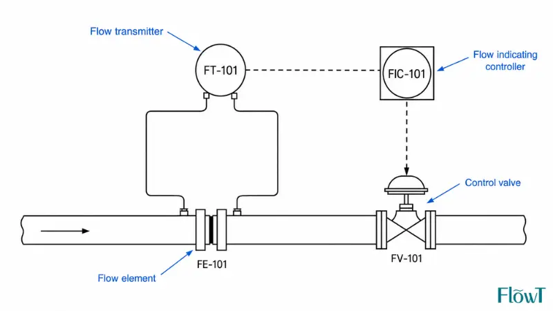 P&ID flow control loop example showing FE-101, FT-101, FIC-101, and FV-101