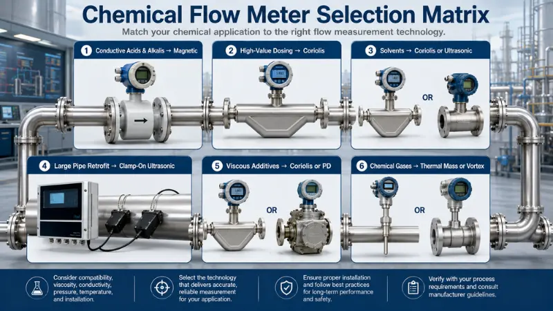 Chemical flow meter selection matrix matching conductive chemicals, solvents, dosing, large pipes and gases to meter types Chemical flow meter selection matrix matching conductive chemicals, solvents, dosing, large pipes and gases to meter types